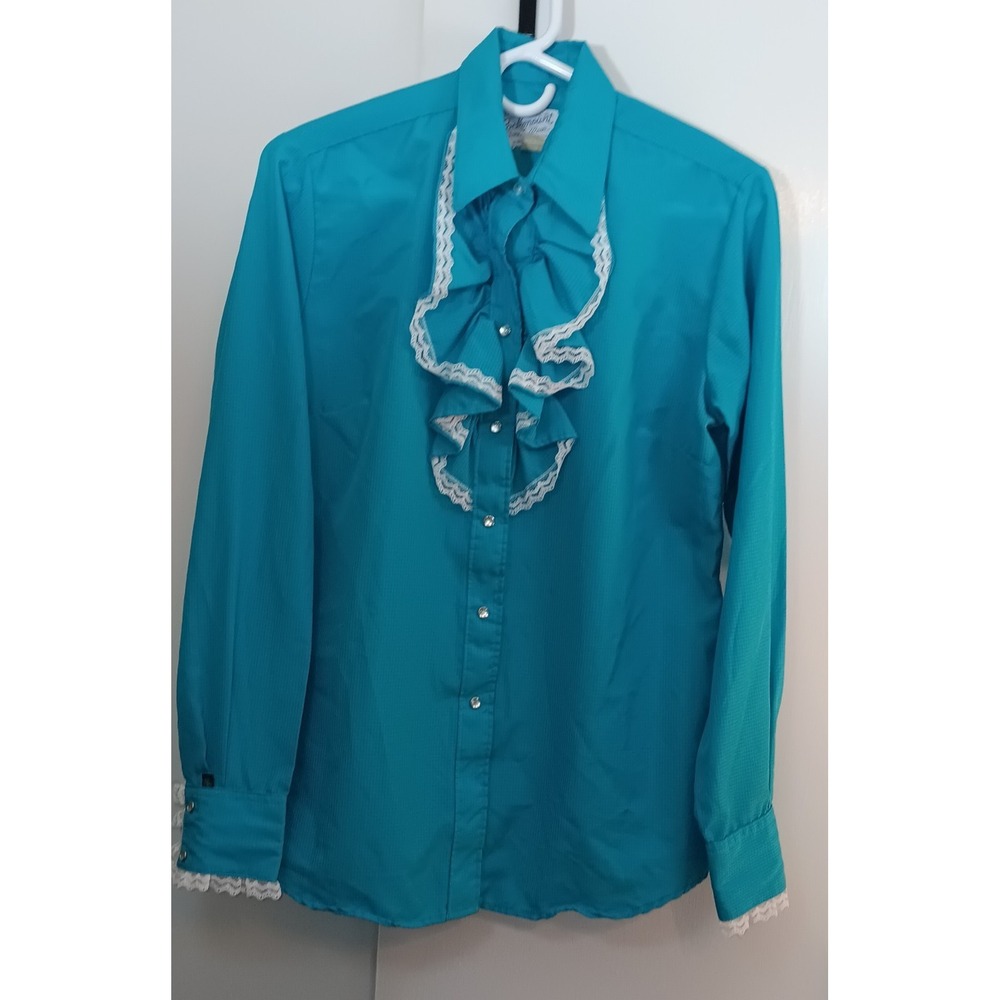 Vintage Rockmount womens shirt pearl Snap blue ruffle bib lace western cowgirl